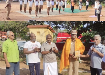 நகர் தீயணைப்பு நிலையம் மைதானத்தில் யோகாசனப் பயிற்சி